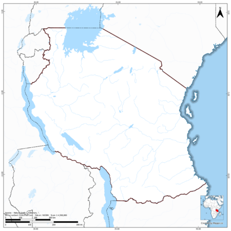 Blank map of Tanzania showing borders and no labels, in color.