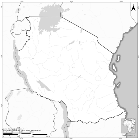Blank black and white map of Tanzania with borders and no labels.