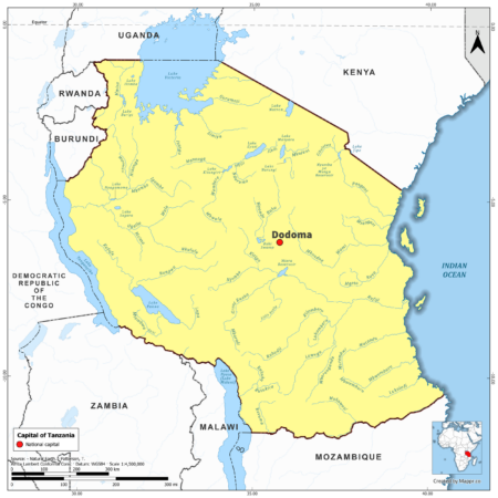 Map highlighting Dodoma, the capital of Tanzania, with country borders, in color.