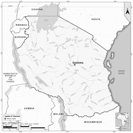 Black and white map highlighting Dodoma, the capital of Tanzania.