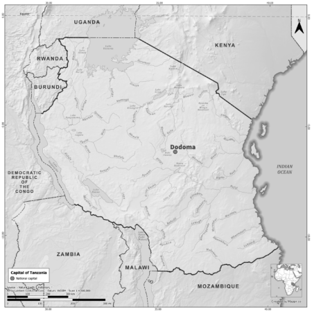 Black and white map of Tanzania highlighting Dodoma as the capital, with neighboring countries.