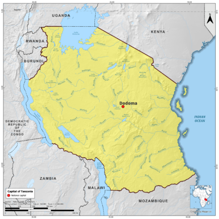 Map highlighting Dodoma, the capital of Tanzania, with surrounding countries and geographical features, in color.