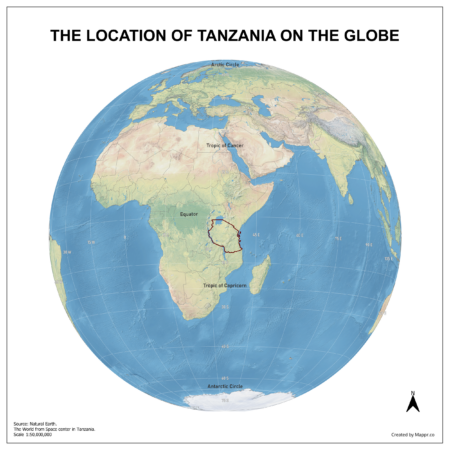 Map showing Tanzania's location on a globe, highlighted in red on the African continent.