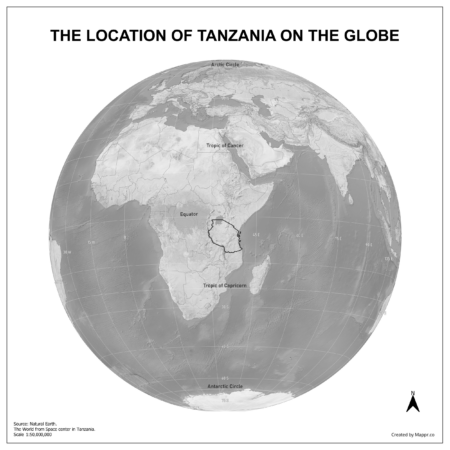Map showing Tanzania's location on a globe, highlighted in red on the African continent.