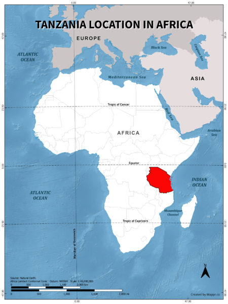 Tanzania location on world map, color version.