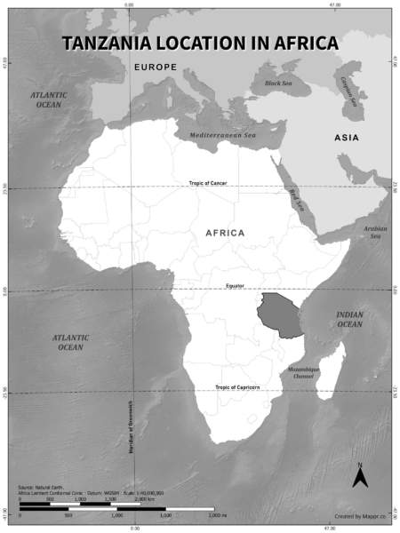 Tanzania location on world map, black and white version.