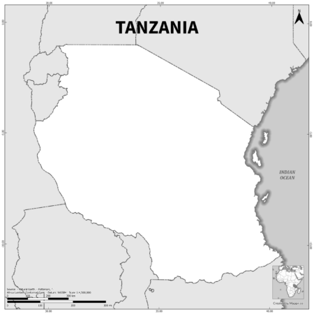 Black and white outline map of Tanzania, showing the country's borders.