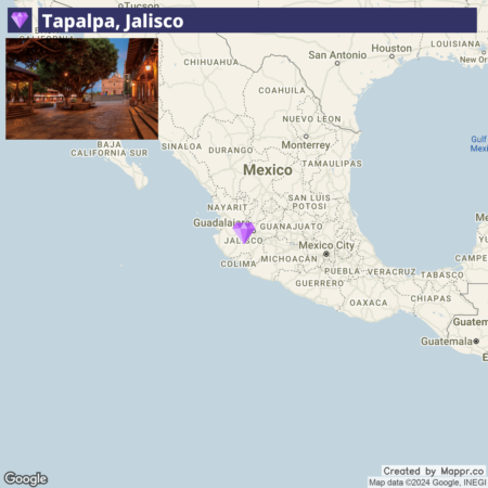 An image depicting a split view with a street scene labeled "Tapalpa, Jalisco" at the top and a map of Mexico highlighting the location of Jalisco at the bottom. The map is watermarked with "Google" and "Created by Mapprr.co."