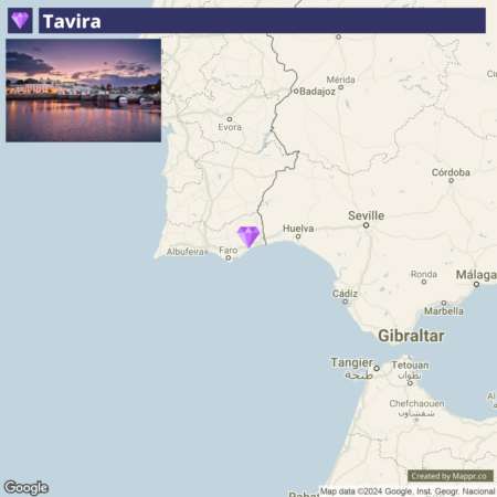 A map showing the location of Tavira with a purple marker, along the southern coast of Portugal near Faro. A scenic photo of Tavira with a sunset reflecting on water is displayed in an inset at the top left corner of the image.