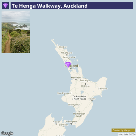 An image split between a scenic photograph and a map. The top half shows the Te Henga Walkway in Auckland, with a trail leading through greenery and wildflowers, overlooking a rocky coastline and ocean. The bottom half is a Google map of New Zealand's North Island, highlighting Auckland's location with a purple marker.