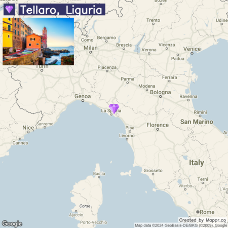 An image displaying a map focused on the coastal region of Italy with a marker over Tellaro, Liguria, and a small inset photo in the upper left corner showing colorful buildings by the seaside in Tellaro.