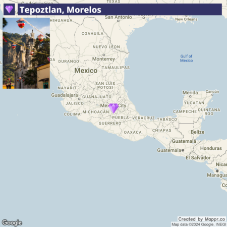 Map showing the location of Tepoztlán, Morelos in Mexico with a purple marker, overlaid with a segmented picture in the top left corner depicting a hillside with buildings and traditional festivities. The map background includes neighboring countries and bodies of water.