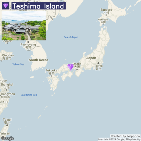 Map highlighting Teshima Island in the context of East Asia, with a photograph of traditional Japanese buildings inset in the top left corner, and annotations for major nearby cities and bodies of water.