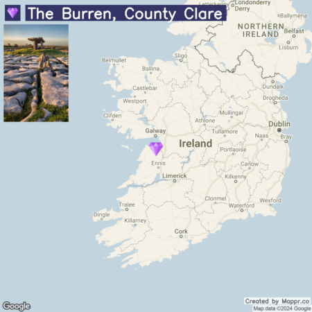 A map of Ireland highlighting The Burren in County Clare with a location marker, alongside an inset photograph of the limestone landscape at The Burren during dusk with a dolmen in the background.