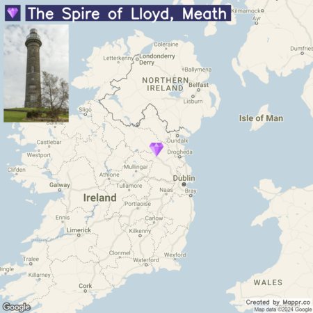 Alt text: A graphic overlay featuring "The Spire of Lloyd, Meath" on a Google map of Ireland, with a purple pinpoint marking its location and an inset image of an old stone tower against a cloudy sky on the left side.