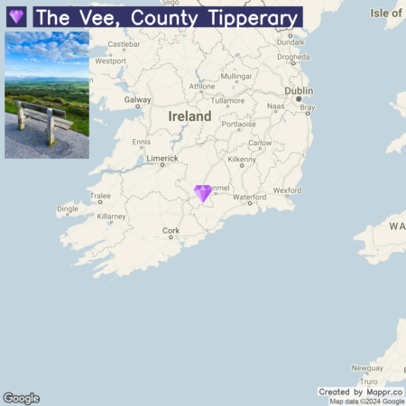 A map of Ireland highlighting The Vee in County Tipperary with a small inset picture of a scenic viewpoint overlooking a lush landscape.