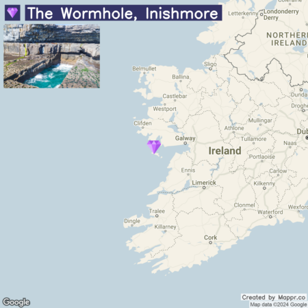 A map highlighting the location of The Wormhole on Inishmore Island in Ireland with an inset showing a photo of the geological feature.