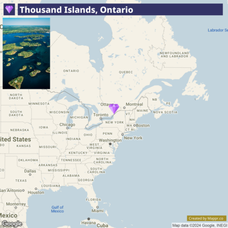 A map highlighting the Thousand Islands region in Ontario, with an inset aerial photo of the islands. The map shows parts of the northeastern United States and southeastern Canada, with major cities labeled. The Thousand Islands area is marked with a purple shape between Toronto and Ottawa.