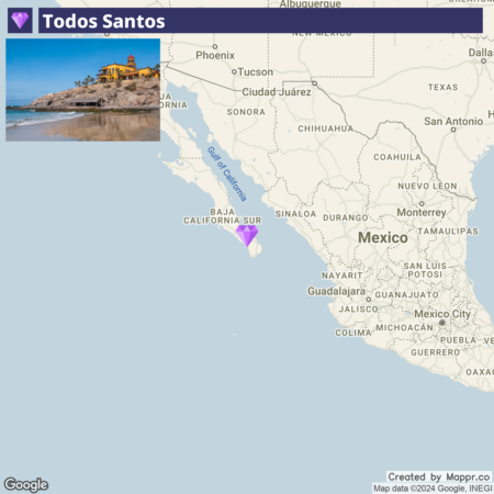 An image featuring a split view with a photograph of a coastal landscape with a prominent building on a cliff to the left, and a map on the right showing the location of Todos Santos in Baja California Sur, Mexico, indicated by a purple pin. The map includes surrounding regions and cities such as Phoenix, Tucson, and Mexico City. The image has a purple banner on top with "Todos Santos" and is marked with Google and Mapprr.co attributions at the bottom.