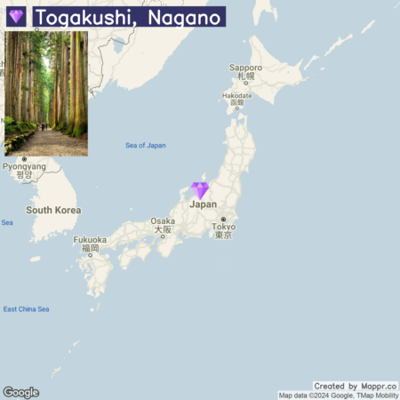 A map of Japan highlighting the location of Togakushi in Nagano with an inset image showing a pathway through a dense forest of tall trees.