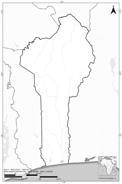 Blank black and white map of Togo with borders and no labels.