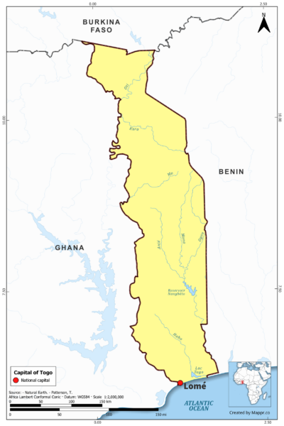 Map highlighting Lomé, the capital of Togo, with country borders, in color.
