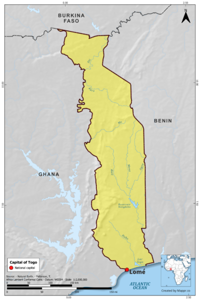 Map highlighting Lomé, the capital of Togo, with surrounding countries and geographical features, in color.
