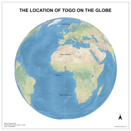 Map showing Togo's location on a globe, highlighted in red on the African continent.