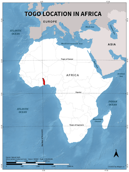 Togo location on world map, color version.