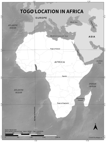 Togo location on world map, black and white version.