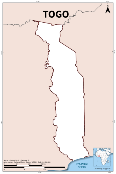 Outline map of Togo with country borders in color.