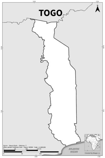 Black and white outline map of Togo, showing the country's borders.
