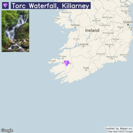 A map of Ireland highlighting Torc Waterfall near Killarney with an inset photo showing the multi-tiered waterfall surrounded by lush greenery.