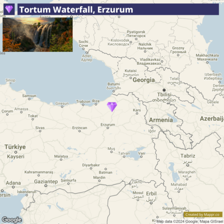 A map highlighting the location of Tortum Waterfall in Erzurum, Turkey, with an inset picture of the waterfall.