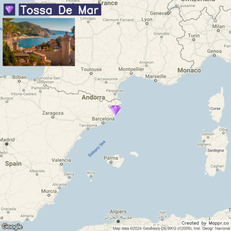 An image combining a scenic view of Tossa de Mar with its old fortress walls by the sea and an overlaid map highlighting the geographic location of Tossa de Mar on the northeastern coast of Spain, near Barcelona.