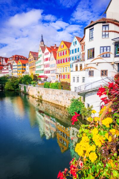 Colorful riverside buildings in Tübingen, Germany Tübingen's vibrant Neckar Riverfront