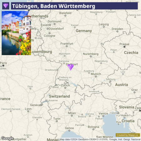 A map highlighting Tübingen, Baden Württemberg in Germany, with a purple marker that indicates its location near Stuttgart. The map also displays nearby countries and major cities such as France, Switzerland, and Austria, with Munich, Zurich, and Frankfurt visible. The corner of the image features a picturesque view of Tübingen with colorful buildings along a riverbank.