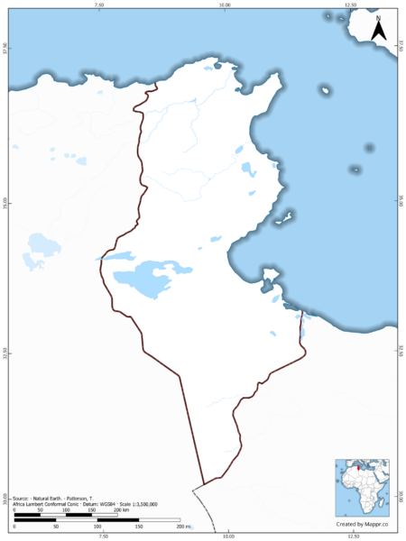 Blank map of Tunisia showing borders and no labels, in color.