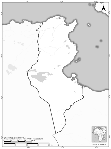 Blank black and white map of Tunisia with borders and no labels.