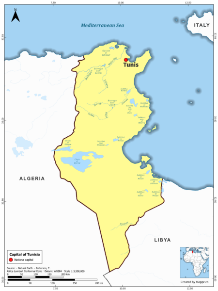 Map highlighting Tunis, the capital of Tunisia, with country borders, in color.