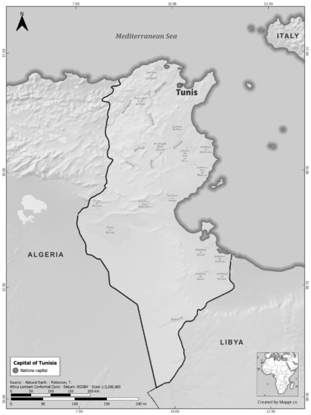 Black and white map of Tunisia highlighting Tunis as the capital, with neighboring countries.