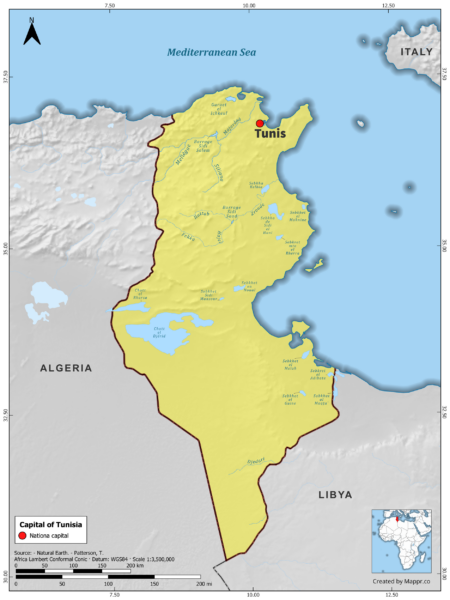 Map highlighting Tunis, the capital of Tunisia, with surrounding countries and geographical features, in color.