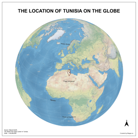Map showing Tunisia's location on a globe, highlighted in red on the African continent.