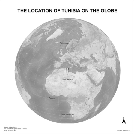 Map showing Tunisia's location on a globe, highlighted in red on the African continent.