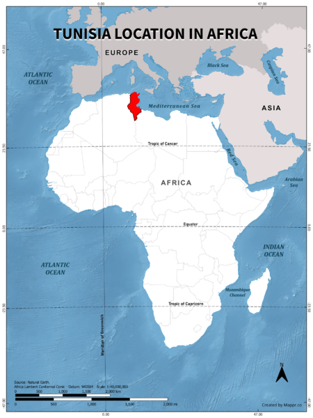 Tunisia location on world map, color version.