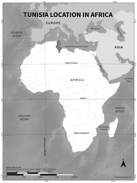 Tunisia location on world map, black and white version.