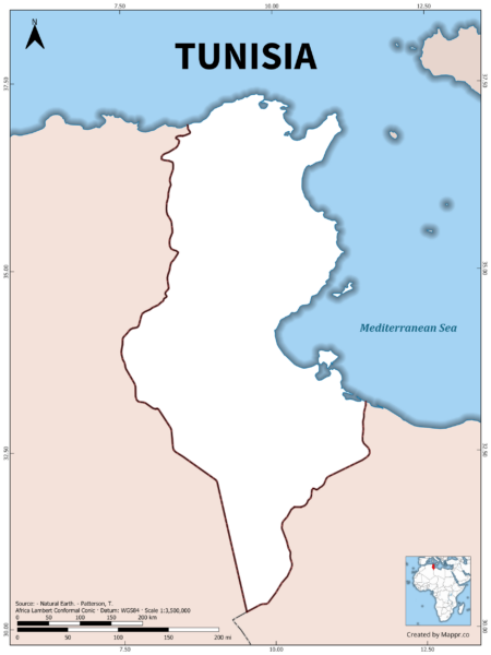 Outline map of Tunisia with country borders in color.