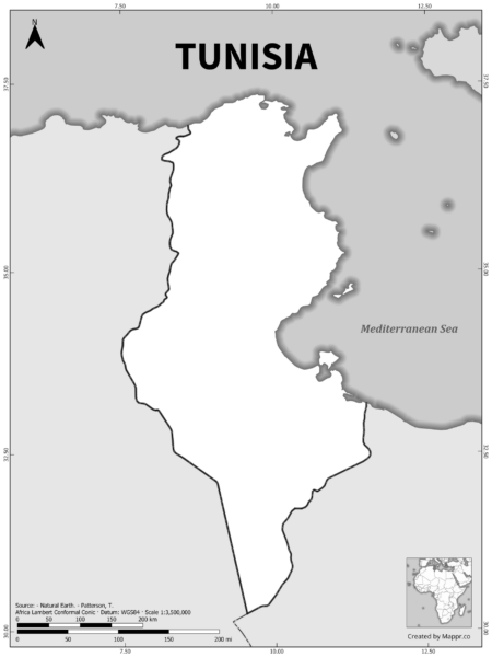 Black and white outline map of Tunisia, showing the country's borders.