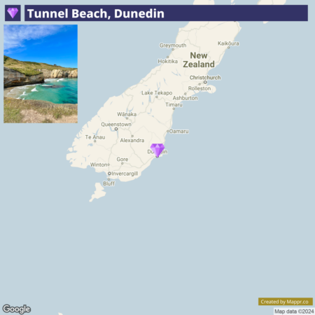 A map showing the location of Tunnel Beach in Dunedin, New Zealand, with a small inset image of the beach and cliffs in the upper left corner.