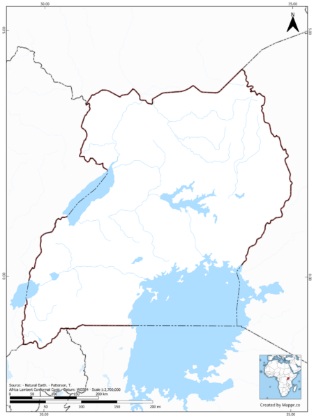 Blank map of Uganda showing borders and no labels, in color.